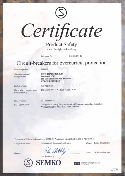 Certifikát pre istič E6000E